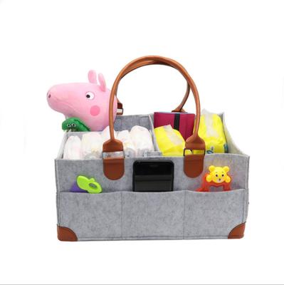 China Foldable Hanging Felt Organizer With Leather Handle Portable Diaper Bag High Quality Nappy Cart Storage Bag for sale