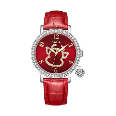 China Waterproof SAGA 53479 Lady Watches Diamond Cow Leather Red Quartz Hand Watch For Women for sale