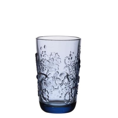 China Samyo Traditional Fast Delivery Pressed Butterfly Series Vintage High Cobalt Ball Etched Blue Glass Tumbler Water Juice Glass Cup for sale