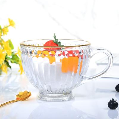 China Viable Wholesale Glass Hardware Logo Golden Rim Dessert Cup Custom Breakfast Milk Coffee Mug With Handle for sale