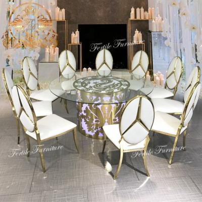 China Modern Furniture Clear Glass Top Metal Cut Out Base Dining Hall Coffee To Light Table for sale