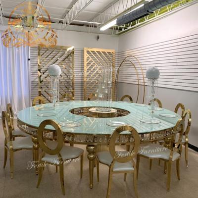 China Modern Luxury Wedding Crystal Glass Hanging Round Dining Table And Chair Furniture for sale