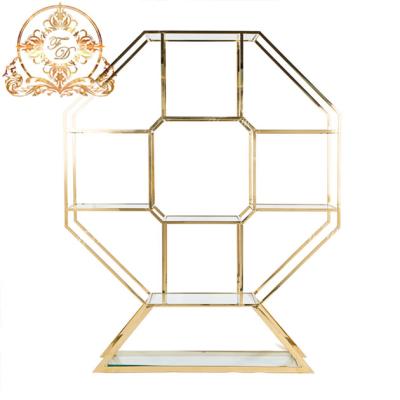 China Morden Tall Tempered Glass Top Gold Stainless Steel Metal Shelves For Wine for sale