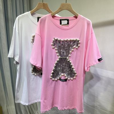 China Crewneck T-shirt Cotton Beaded Loose Sleeve Anti-Shrink Shorts Top Heavy Industry Summer Heavy Industry Beaded Women's T-Shirt for sale