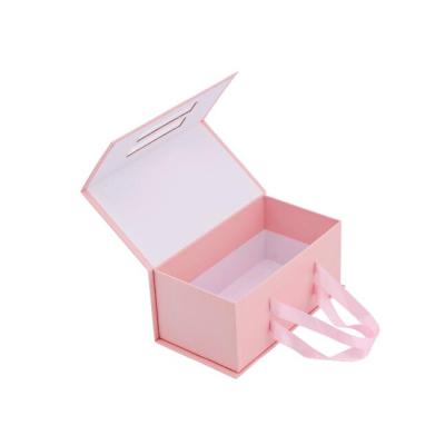 China Design Foldable Luxury Logo With Ribbon Handle Pink Foldable Magnetic Gift Boxes For Clothes for sale