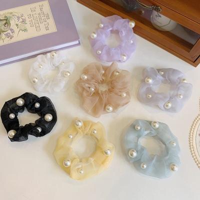 China Hair Accessories 2022 Fashion Organza Pearl Decorated Shiny Tassel Chiffon Large Intestine Elastic Hair Bands Soft Hair Tie Scrunchies for sale