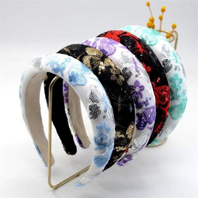 China Bright Colors/New Style Fashionable Embroidery Butterfly Sequin Wholesale Headband For Women Flower Hair Accessories Colorful Headband Wrap Head Hair Band for sale