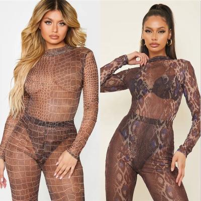 China 2021 Breathable Fashion 3D Printed Mesh See Through Long Sleeve One Piece Flare Pants Suit Overalls Ladies Sexy Clothes for sale