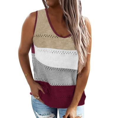 China Enssy Amazon Breathable Hot Selling Women Hit Color V-Neck Tank Top Knitwear Hollow Out Sleeveless Vest for sale