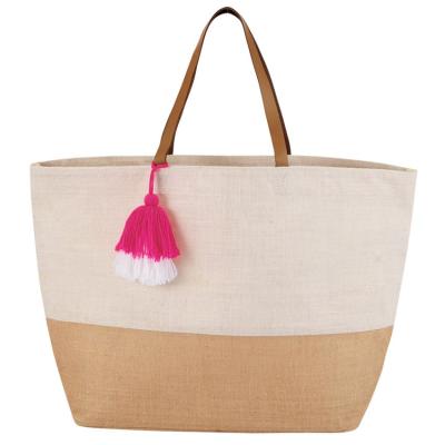 China Colorful Handled Jute Coated Printed Jute Tote Shopping Bag Leather Handle With Tassel Jute Beach Tote Bag for sale