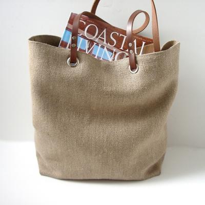 China Tote Bag Summer Jute Beach Blank Tote Bag With Leather Handles for sale