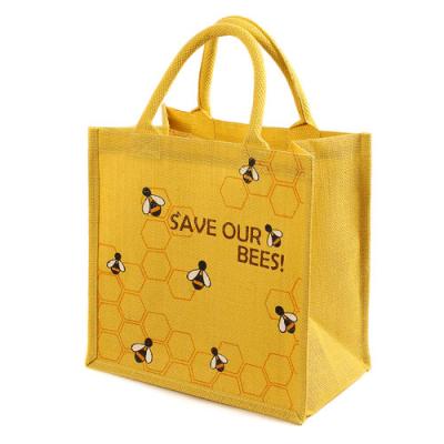 China Cheap Yellow Handled Jute Tote Bag Save Our Bees Logo Design for sale