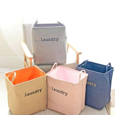 China Large Colapsable Jute Cloth Household Laundry Doubles Hamper Bin Foldable Rectangular Storage Baskets With Handles for sale