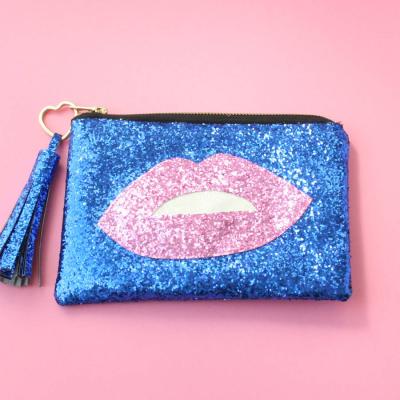 China Hot Selling Canvas Glitter Lips Clutch Bag Women Fashion Makeup Cosmetic Bag for sale