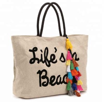 China Eco-Friendly/Top Quality Recyclable Convenient/Durable/Washable Wholesale Canvas Summer Beach Tote Bag With Colorful Tassel Waterproof Large Beach Tote for sale