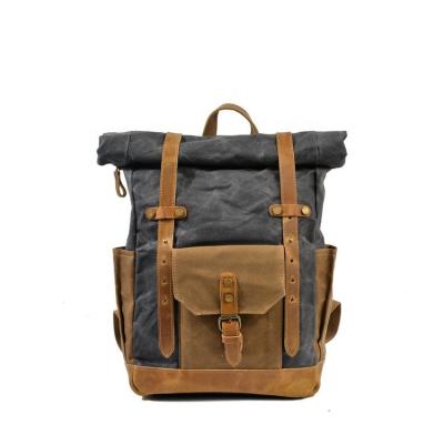 China Waterproof High Quality Vintage Waxed Genuine Leather Canvas School Backpack Bag Factory Wholesale Customized Available for sale