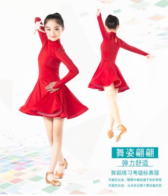 China Anti-shrink design red children's drop collar stand dance latin skirt acrobatic skirt. for sale