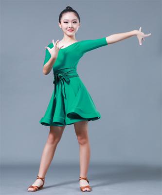 China Lotus Leaf Green Ice Silk Anti-Shrink Stretch Sleeve/Sleeveless Kids Latin Dance Skirt, Practice Show Dance Skirt. for sale