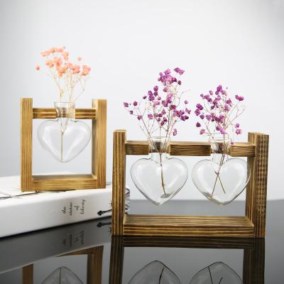 China Hot Selling Novelty Mini Greenhouse Glass Vase With Wooden Frame For Home Decor for sale