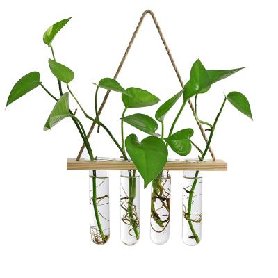 China Popular New Arrival Wooden Stand Planter Vase Glass Tube Plant Mini Greenhouse Hanging Container for sale