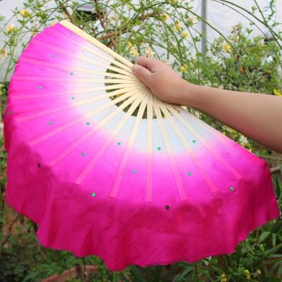 China Chinese Traditional Bamboo Prop Yangko Fan Veil 100% Silk Folding Short Fan Double Side 2 Layer Sequin Glitter Hanfu Props for sale