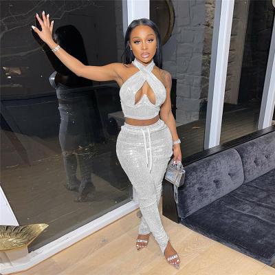 China Newest Design Breathable Fashionable Sexy Cutout Tight Two Piece Set Clothes Women Club Wear 2 Piece Pants Set Women for sale