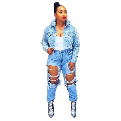 China 2021 breathable new season design fall autumn streetwear rivet long sleeve ripped blue jeans cropped top women's denim jacket for sale