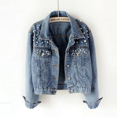 China 2021 QUICK DRY jacket plus size women jeans girls pearl studded slim fit women's denim jacket Lady Blouse Jacket for sale