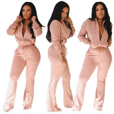 China 2021 Wholesale Women's Casual Flare Suit Women's Two-Piece Suit High Neck Solid Color Style Breathable Pants Warm Zipper Sweatshirt for sale