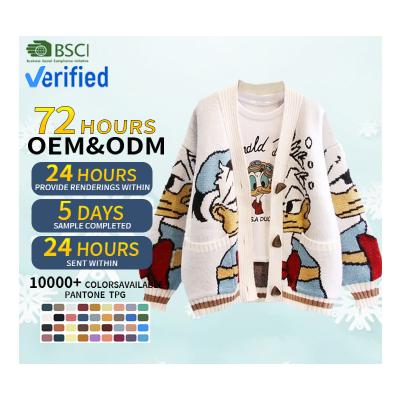 China CaiNan Custom Vintage Duck Print Jacquard Print Jacquard Women Sweater Cardigan Korean Cute Anti-wrinkle Fashion Knit Cartoon Cardigan Sweater Women for sale