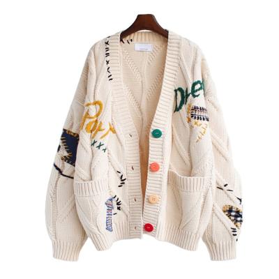 China CaiNan Custom Oversize Knitted Embroidery Ladies Anti-Wrinkle With Pockets Jacquard Designer Vintage Women Cardigans Loose Custom Sweater for sale