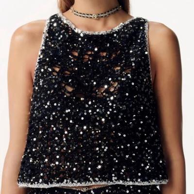 China custom Anti-wrinkle CaiNan designer cropped glitter knit women tank top neck u hollow sequin sweater vest women for sale