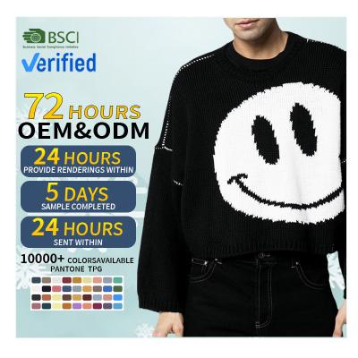 China custom oversized cropped CaiNan logo 100% virgin wool men sweater Anti-wrinkle knitted sweater designer smiley intarsia knit sweater men for sale