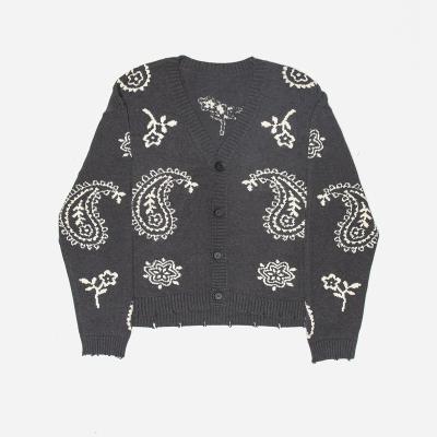 China custom cotton CaiNan logo ripped cuff edge Anti-wrinkle knit cardigan sweater men button jacquard paisley sweater for sale