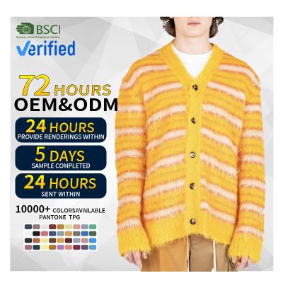 China designer custom designer mens shaggy stripe anti-wrinkle CaiNan mohair man mohair fluffy knitted cardigan sweater for sale