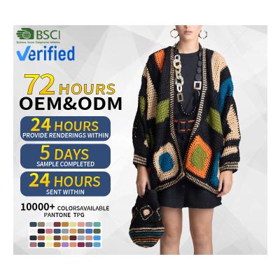 China Anti-wrinkle crochet apparel maker custom no moq patchwork plaid diamond vintage cotton crochet women knitwear cardigan sweater for sale