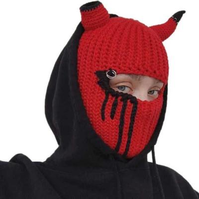 China CaiNan COMMON Custom Polyester Winter Hat Ear Balaclava Full Face Full Face Horns Knitted Skimask for sale