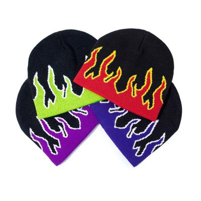 China Custom CaiNan JOINT logo hip hop fire flame print beanie skull knit winter flame beanies warm hat unisex for sale