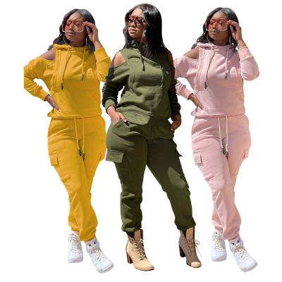 China 2022 New Arrival Anti-Static Winter Clothes Two Piece Set Clothing 2 Piece Set Women Winter Solid Off Shoulder Hooded Pants Two Piece Set for sale