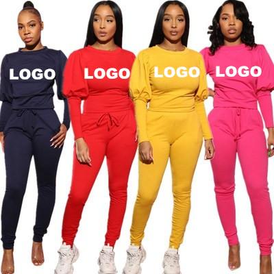 China Logo Casual Puff Sleeve Sweatshirt Custom Made Anti-Static Pants Set of Tracksuits Autumn 2021 Women's Two-Piece Tracksuit for sale