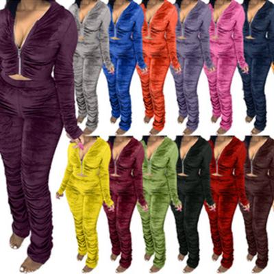 China QUICK DRY Velvet Crop Top Hoodie Stacked Pants Set Pleated Two Piece Sets Women Two Piece Set for sale