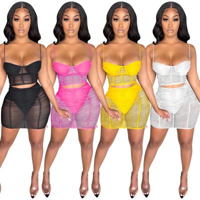 China Anti-Static Ladies Summer 2 Piece Mini Skirt See Through Crop Tops Women's Clothing Club Bodycon Skirt Set Wholesale for sale