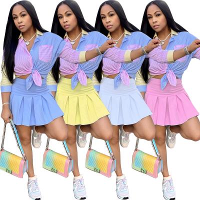 China Fashionable Fall 2021 Women Clothes Color Block Striped Shirt Tennis Skirts Two Piece Set for sale