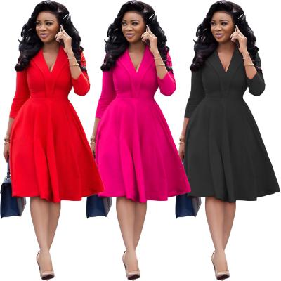 China Fashion Breathable Wholesale Prom Dresses Long Sleeve Solid V Neck Pleated Dress Ladies Career Dresses for sale