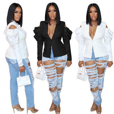 China 2021 Autumn Hollow Out Women's White Blazer Women's Deep V-Neck Puff Sleeve Blazer Anti-wrinkle Female Business Suits for sale