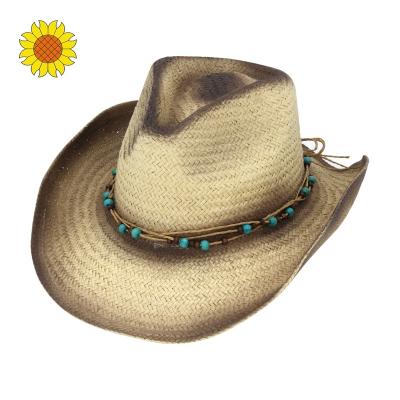 China Character Women Graceful Cowboy Straw Hats Turquoise Wood Beads Trim Summer Fedora Trilby Hats for sale