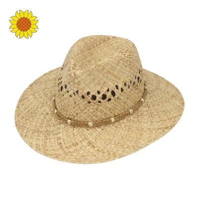 China Character Refined Womens Mens Raffia Cowboy Straw Hats Wide Brim Flexible Fedora Hat for sale