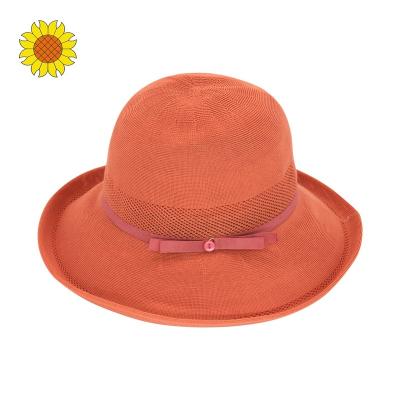 China Japanese Character Women Polyester Yarn Machine Knitted Cloche Brim Sun Hat UPF 30+ Wide Foldable Rollable for sale