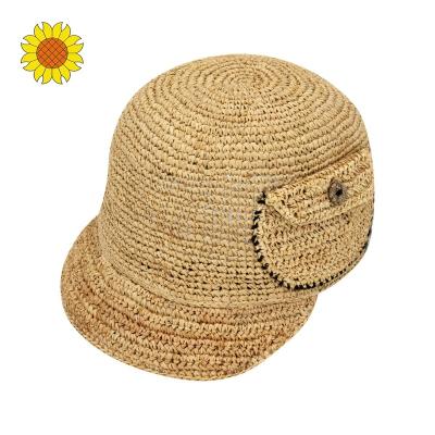 China Striped Stylish Outdoor Women Hand Pocket Straw Sun Visor Cap Crochet Raffia Hook On Left Packable for sale