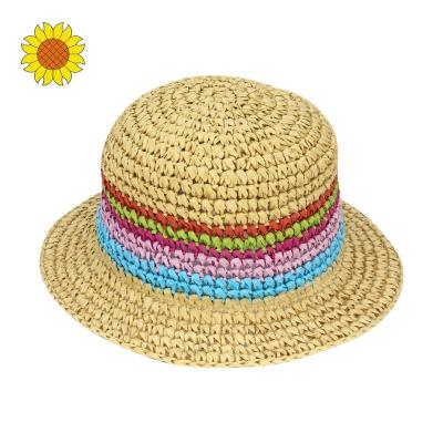 China Lovely Character Summer Foldable Kids Hand Crochet Straw Bucket Hat Rainbow Multicolor Paper Crown for sale